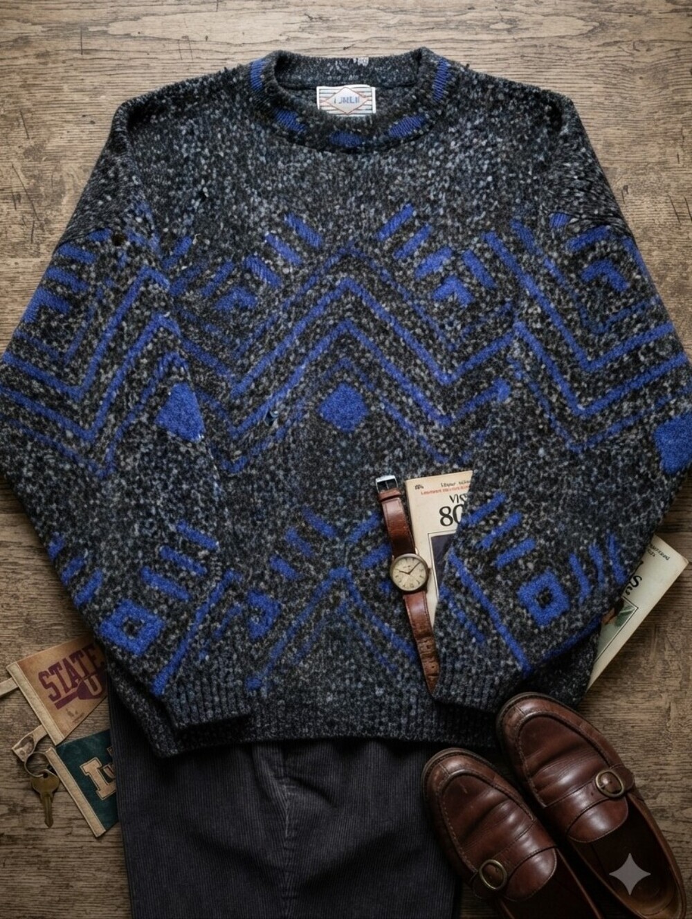 Vintage J. J. Blu Dark Gray Black Blue Geometric Southwest Pattern Knit Sweater
